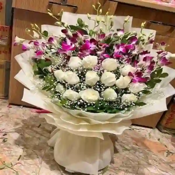 Orchids And White Roses Bouquet